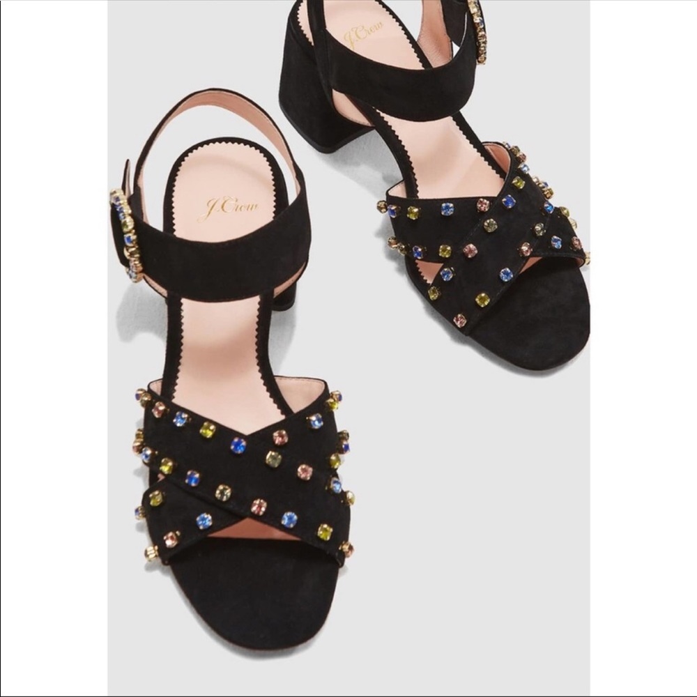 J.Crew Penny Cross Strap Block Heel Sandals Suede Rhinestone Embellished